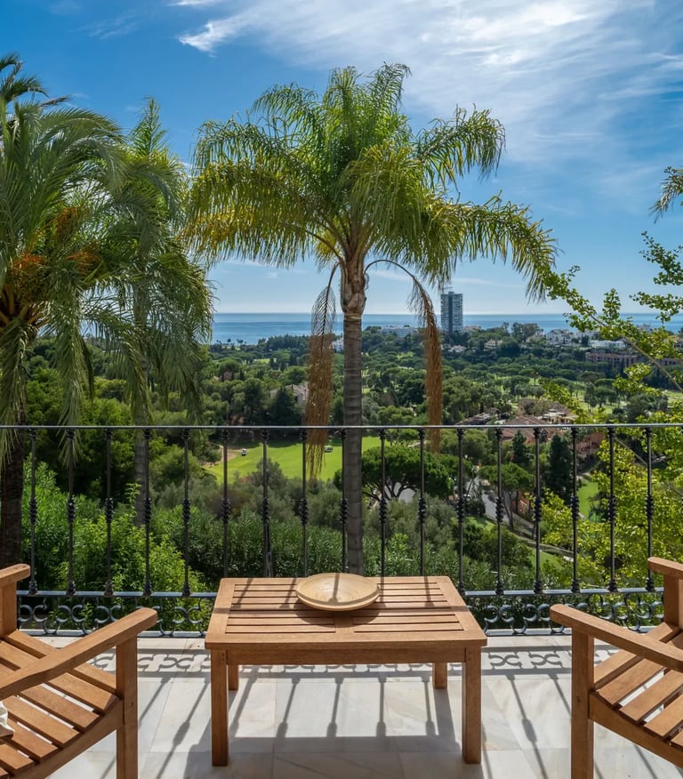 Golf and Mediterranean views from villa terrace