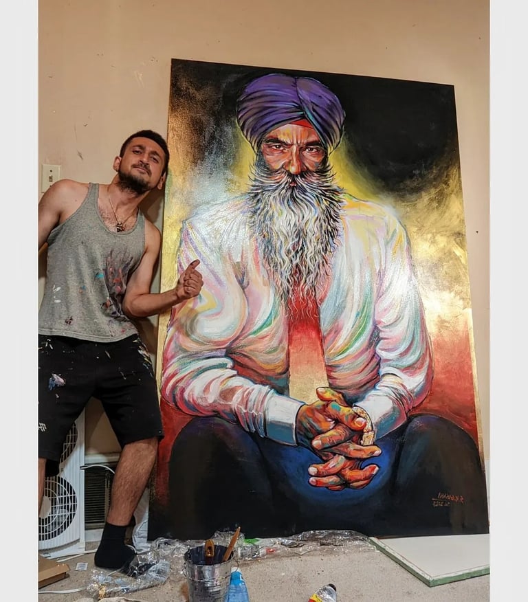 portrait art with artist S. K. Gusani, life size, gold leaf, gold