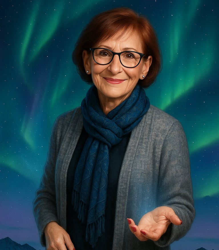 Cat Smith, The Lazy Psychic, holding her hands open with a soft glow, under the northern lights.