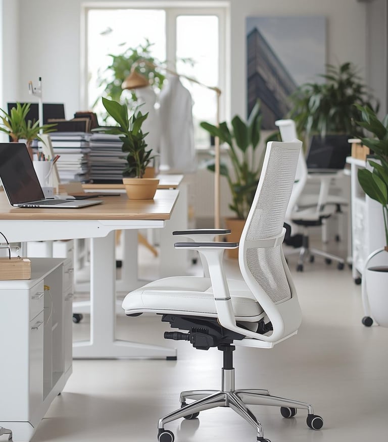 a white office chair with a laptop and a laptop