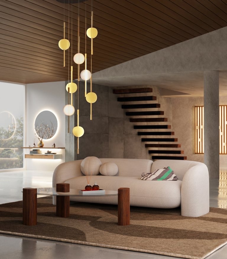 Rendu 3D d’un salon contemporain avec canapé beige, table basse en bois et suspension design dorée à sphères lumineuses.