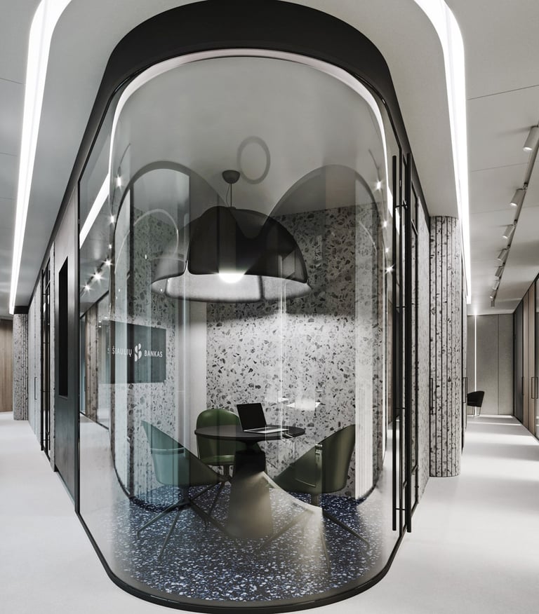 Modern bank office interior for Šiaulių Bankas (Artea) in Kaunas. Competition project.