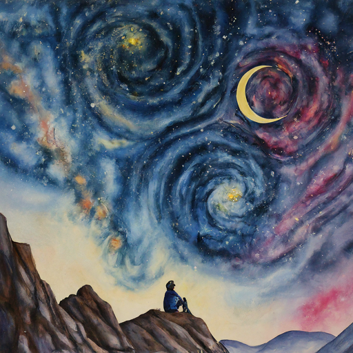 a man sitting on a mountain top with a view of a moon and stars