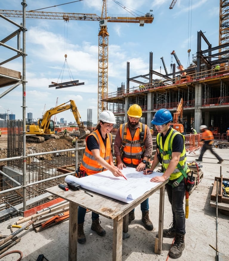 Engineers in high-visibility vests and hardhats reviewing blueprints on an active construction site, heavy machinery in the background, bright midday sun, wide-angle, high-contrast industrial engineering photography.