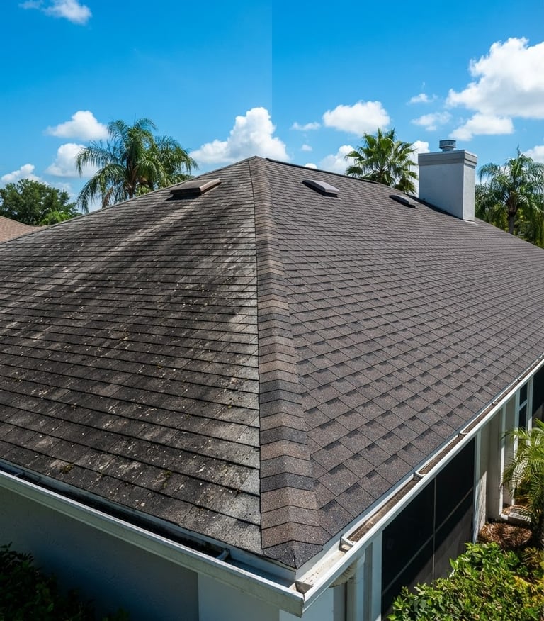 Dramatic before-and-after split image of a residential shingle roof, left side covered in black algae and dirt, right side sparkling clean and new, bright Florida sunlight, vivid blue sky, sharp focus, high-contrast, 35mm