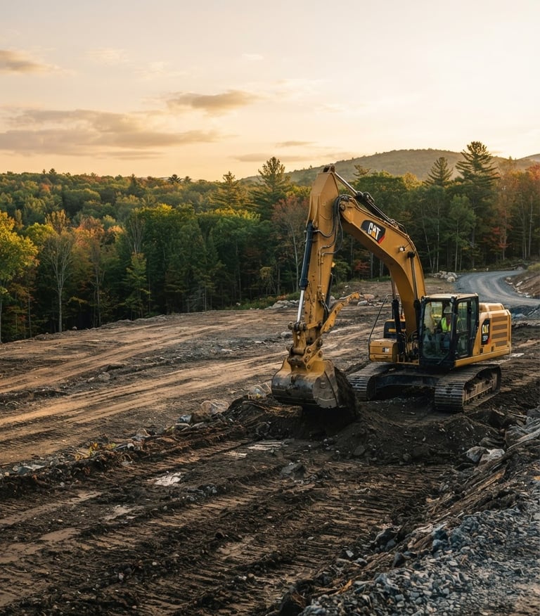 Low-angle heroic shot of a clean, branded heavy excavator operating on a freshly graded site in early morning golden hour, deep forest green and earth tones, crisp details, New England landscape in background, wide cinematic frame. Excavator is on the right, text area on the left.