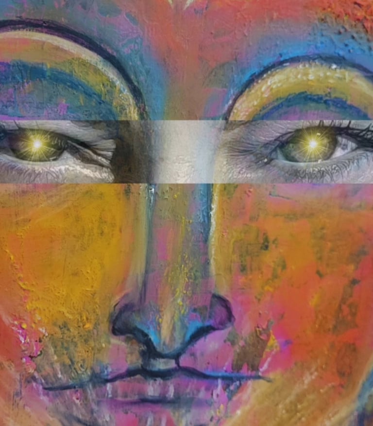 a painting of a face with a cross on it