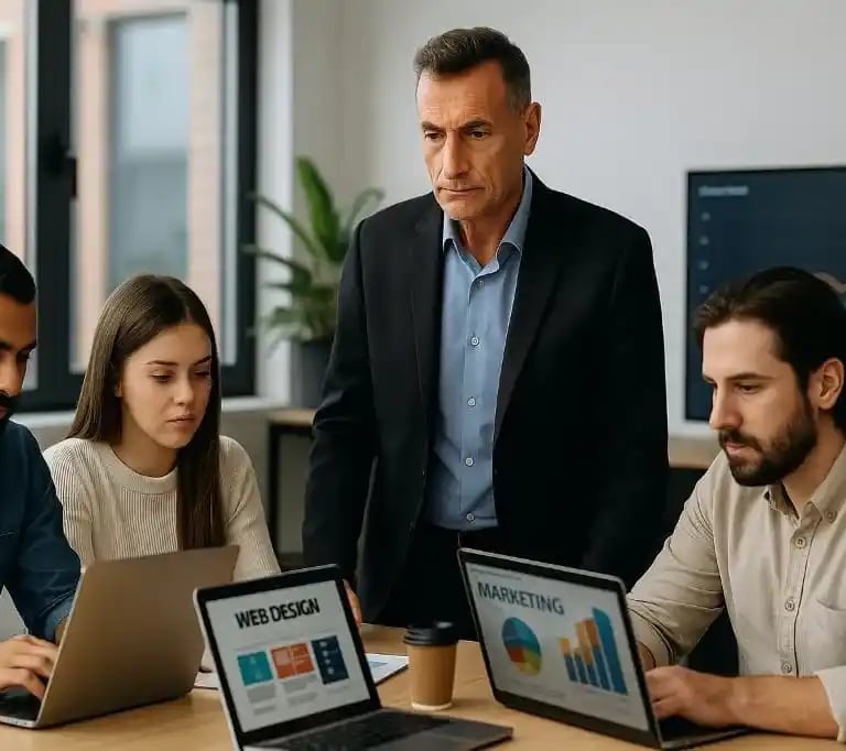 Coordinador de Marketing formando a tres alumnos centrados en su ordenador