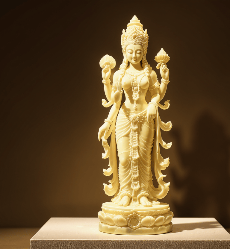 Hand-carved onyx stone statue of a serene goddess figure with multiple arms, standing gracefully on