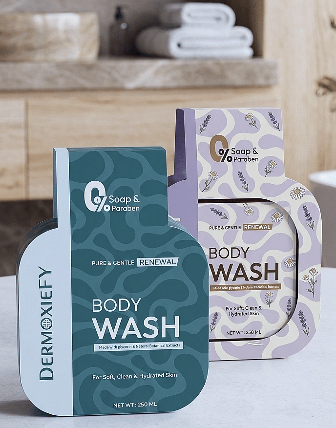 Dermoxify paraben-free body wash bottles in a modern bathroom for soft, hydrated skin.