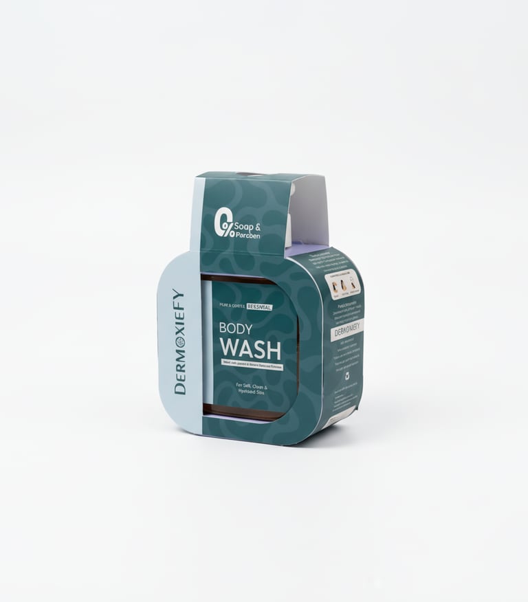 Dermoxiefy moisturizing liquid body wash in a brown bottle with blue cardboard packaging.
