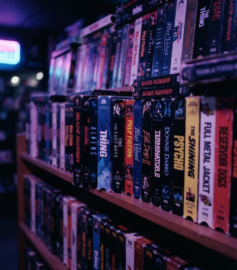 Close-up cinematográfico de uma prateleira de fitas VHS antigas, com títulos de filmes cult dos anos 80 e 90, iluminação neon roxa e azul, grão de filme analógico, perspectiva de baixo para cima, atmosférico e nostálgico.