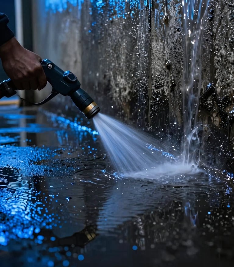 Low-angle close-up of a high-pressure water nozzle blasting heavy grease off dark concrete in a car wash bay, dramatic wet reflections, electric blue highlights.