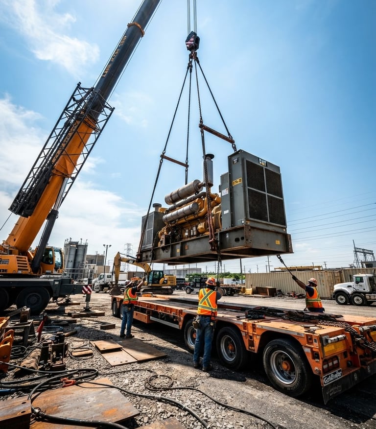 Wide-angle, low-shot photograph of a massive industrial generator being rigged and lifted by a crane onto a specialized multi-axle lowboy, hard direct sunlight, high-contrast steel and safety orange tones, gritty industrial photography.