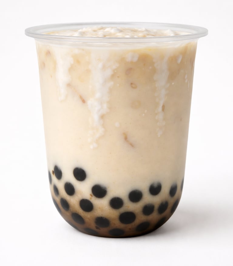 Iced brown sugar boba milk tea with black tapioca pearls in a clear plastic cup.