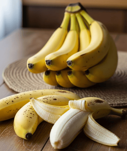 Fresh ripe yellow bananas and a peeled banana on a wooden table with a natural background.