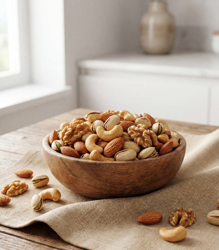 A wooden bowl filled with a healthy mix of almonds, cashews, walnuts, and pistachios on a rustic table.