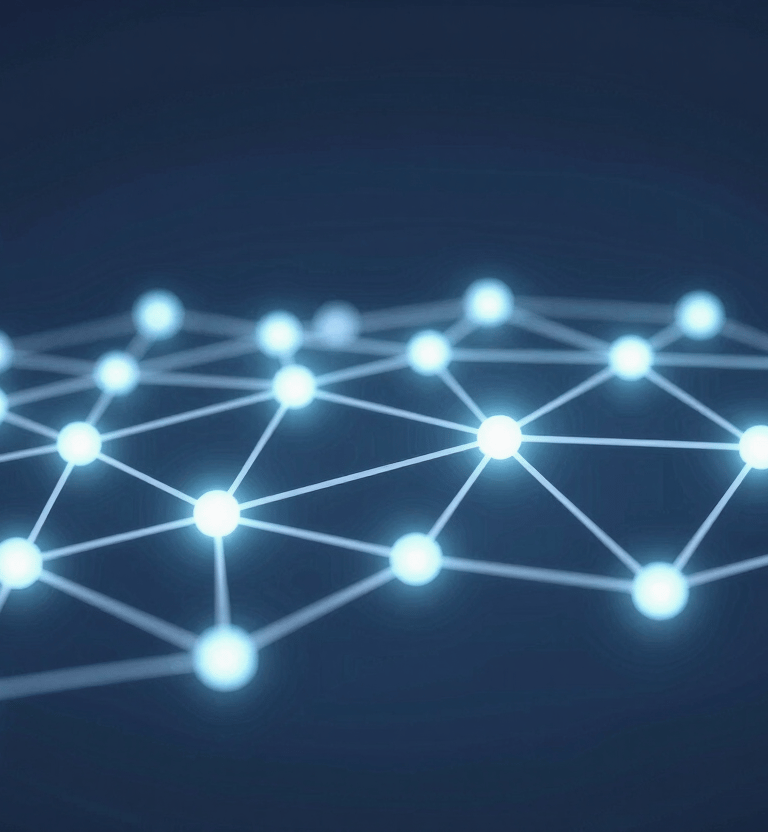 An abstract, sophisticated image showing a network of glowing nodes and interconnected lines representing a healthcare system. The composition is balanced and modern, using #4C6A89 and #9BB5CD to convey structure and trust. The lighting is soft, corporate, and clean.