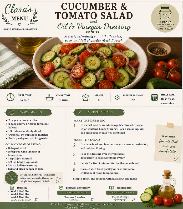 Recipe card for cucumber and tomato salad with oil and vinegar dressing featuring a bowl of sliced vegetables.