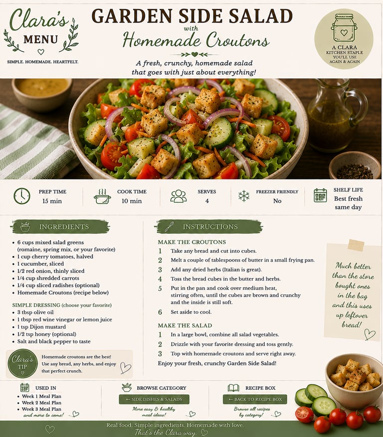 Recipe card for Garden Side Salad with homemade croutons including ingredients list and cooking instructions.