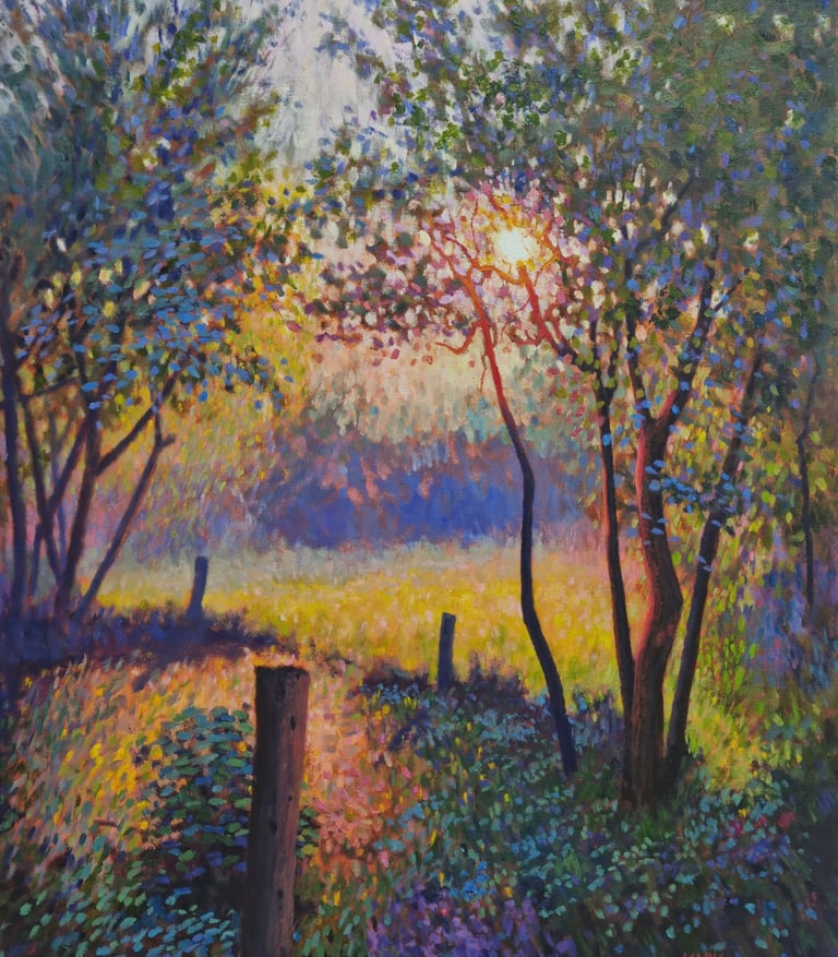 Impressionist oil painting of a sunlit meadow with vibrant trees and a rural fence at sunrise.