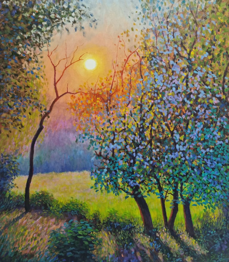 Impressionist oil painting of a sunlit forest landscape with vibrant trees and a glowing sunset.