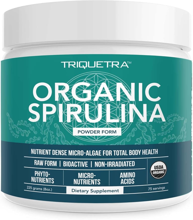 Triquetra Organic Spirulina powder dietary supplement in a 225g tub for nutrient-dense health support.