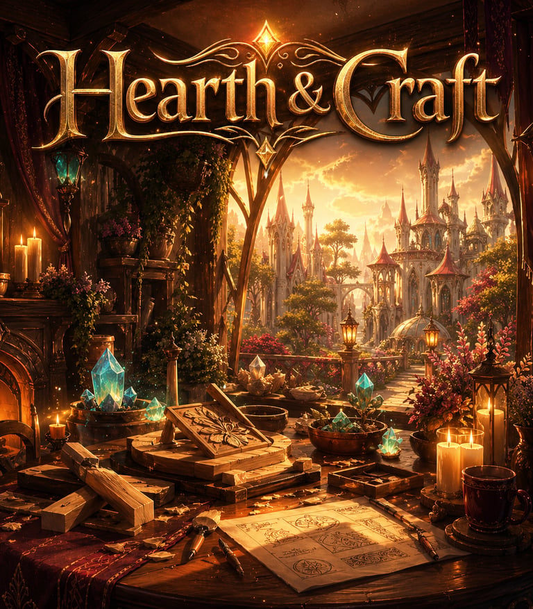 Hearth and Craft cozy fantasy album cover with candles, crystals, crafting table, and golden elven city view.