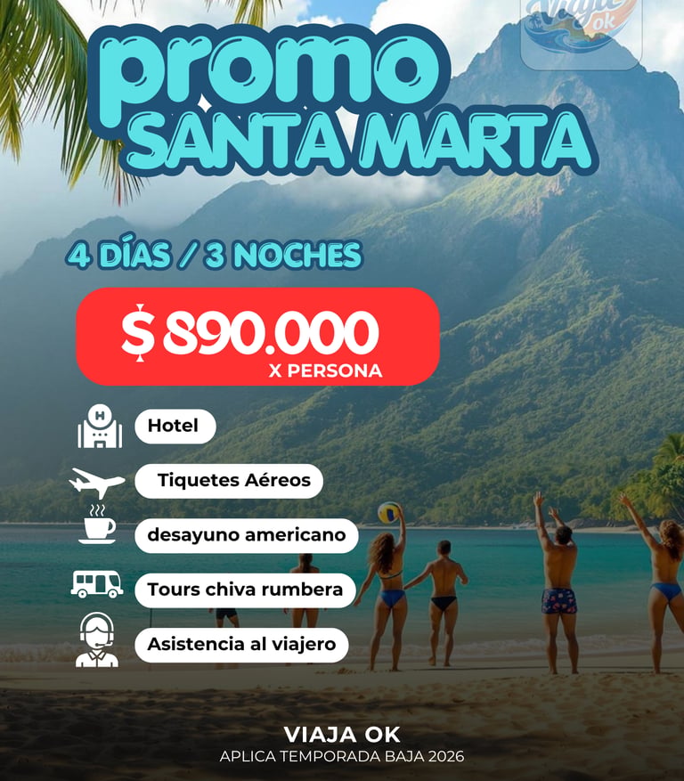 Travel promo for Santa Marta, Colombia, including flights, hotel, and breakfast with beach scenery.