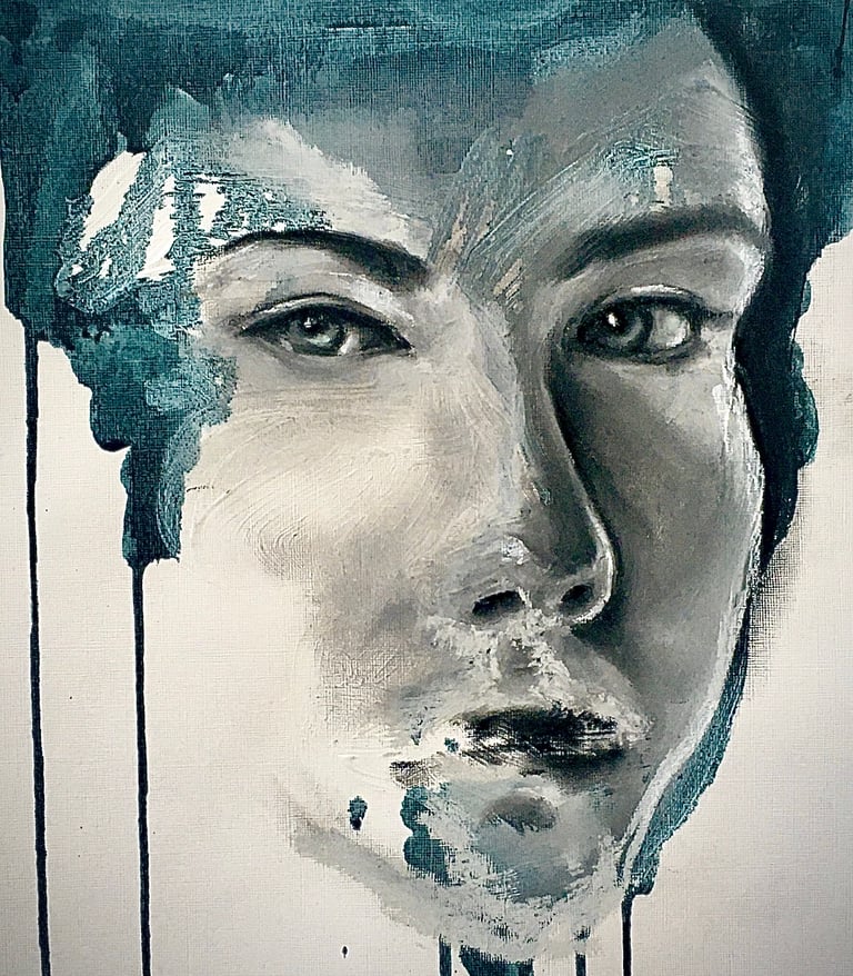 Portrait of a woman sits inside blue brush strokes. Chalk picks out details of texture on face