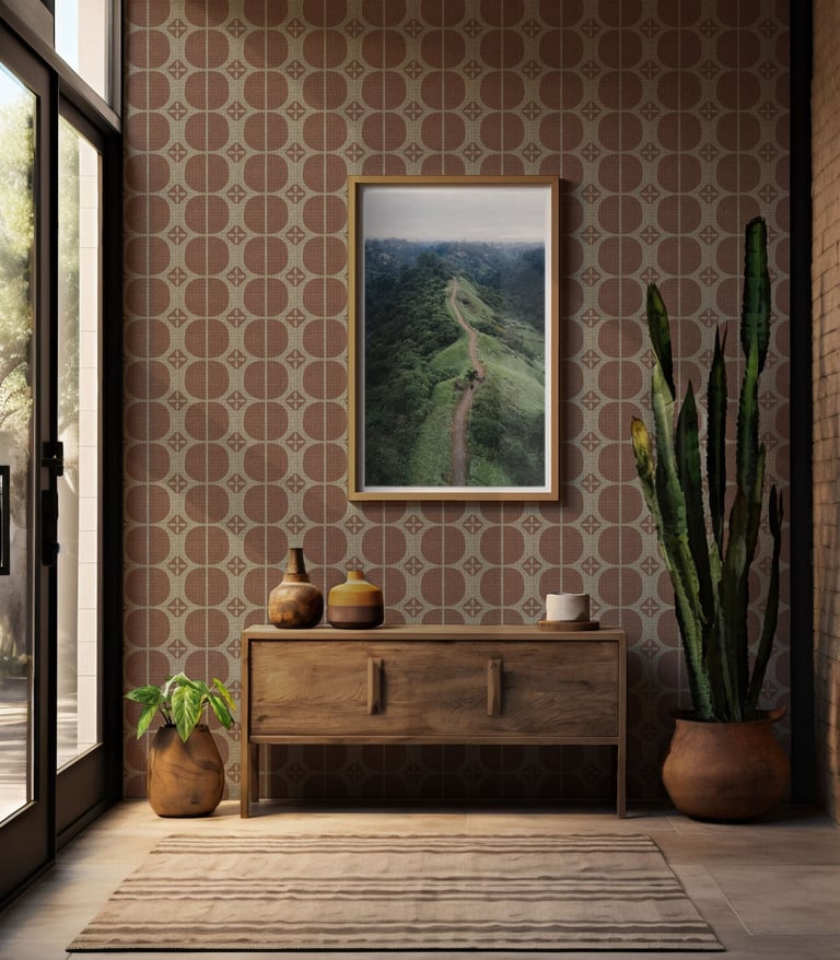 Stylish entryway with a brown geometric wallpaper design, wooden console table, potted plants, 