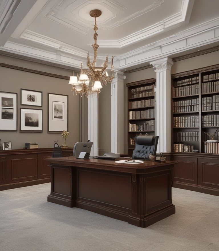 Professional office space with neat desks and legal books, reflecting a trustworthy advisory firm.