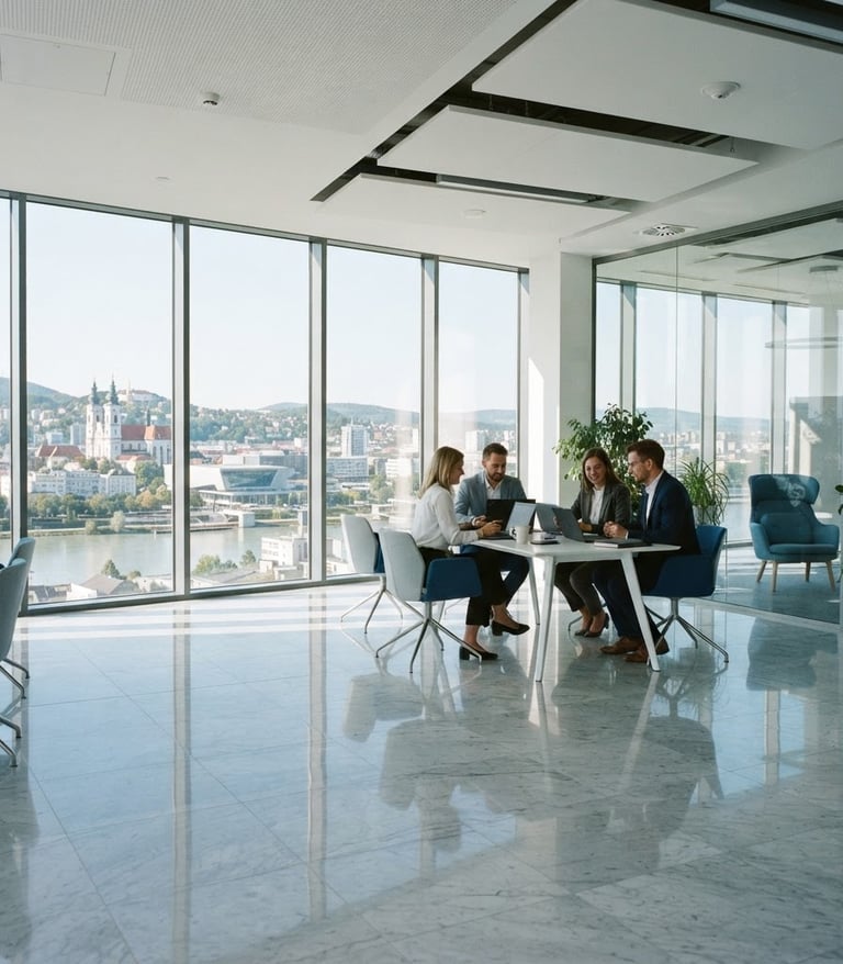 Bright sunlit modern office interior, large clean windows overlooking Linz, sharp reflections, pristine marble floor, natural daylight, 35mm photography
