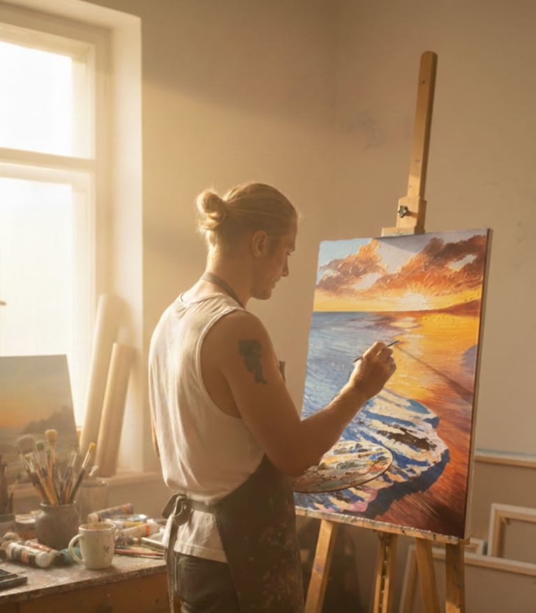 TomSi at work standing at the easel in the studio atelier