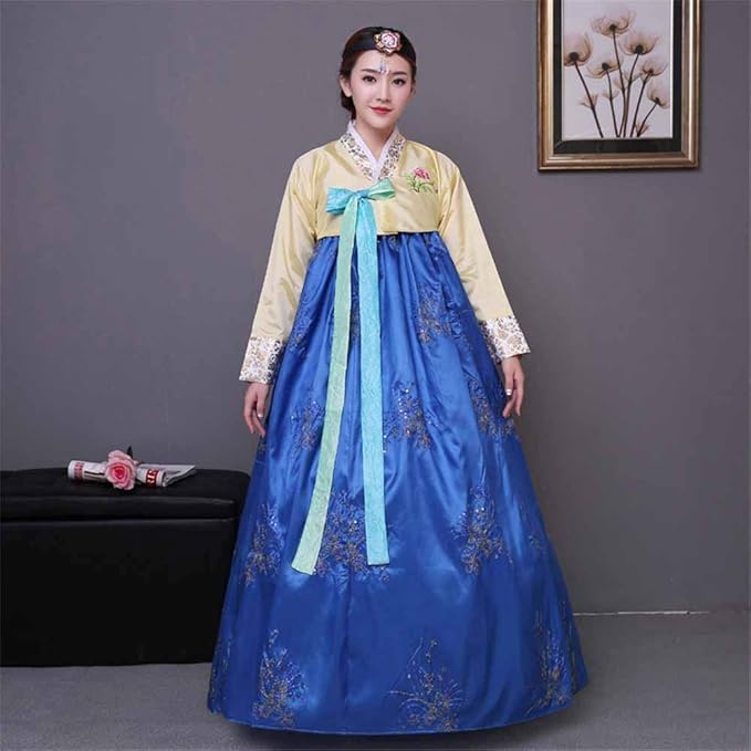 Female Korean traditional hanbok dress with long sleeves, floral embroidery headband, and bow design
