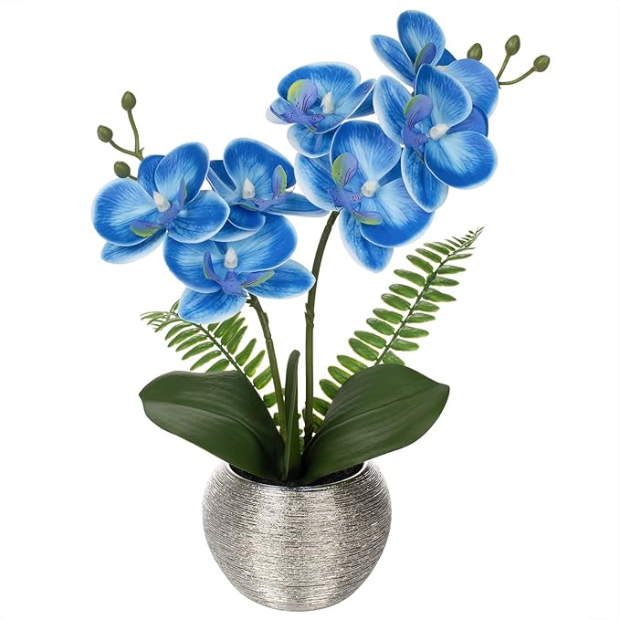 13-inch blue artificial orchid flowers in a sleek silver ceramic vase. Realistic petals, glossy 