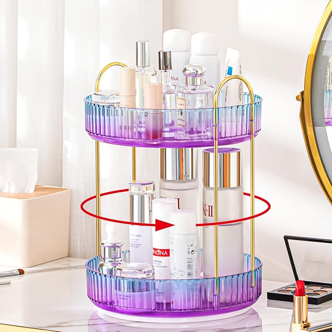 360-degree rotating makeup organizer with three-tier storage, gold steel accents, and an Aurora Grad