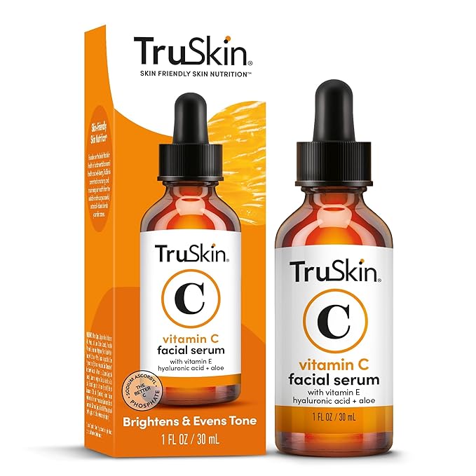 TruSkin Vitamin C Serum in a sleek amber bottle with dropper, formulated with Vitamin C, Hyaluronic 