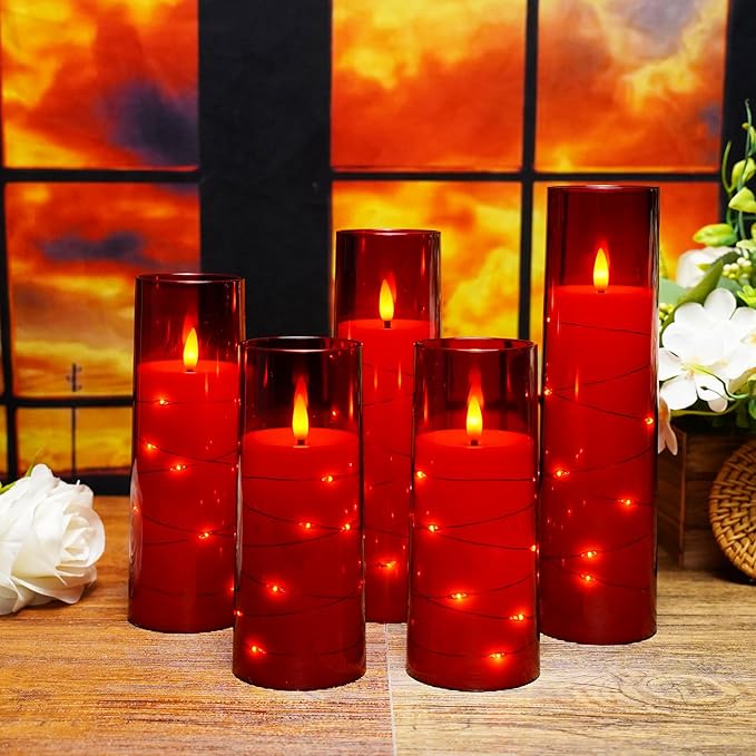 Set of 5 acrylic LED flameless candles with a flickering flame effect, available in various heights,