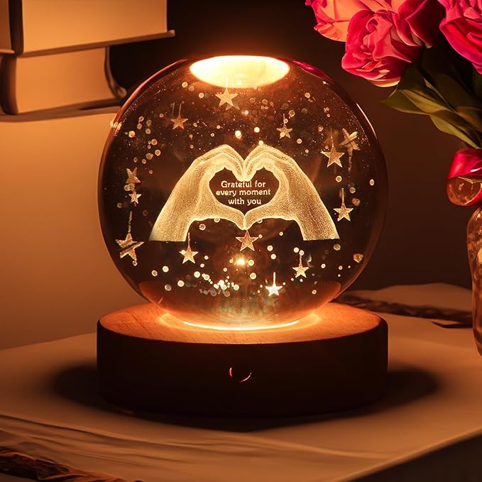 3D crystal night light with laser-engraved music design, featuring 16 color-changing LEDs, remote 