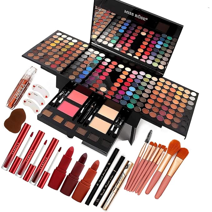 190-color professional makeup kit with eyeshadows, blushes, lipsticks, brushes, concealer, eyeliner