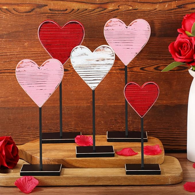 Set of 5 rustic heart-shaped wooden signs perfect for Valentines day