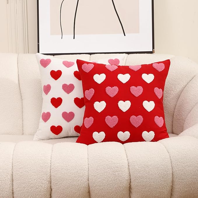 Set of two red heart pillow covers with embroidered design. Perfect for valentine's day