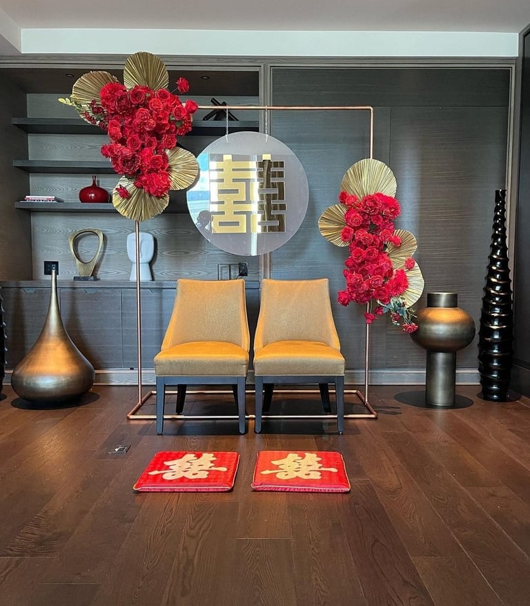 Red flower chinese tea ceremony backdrop rental