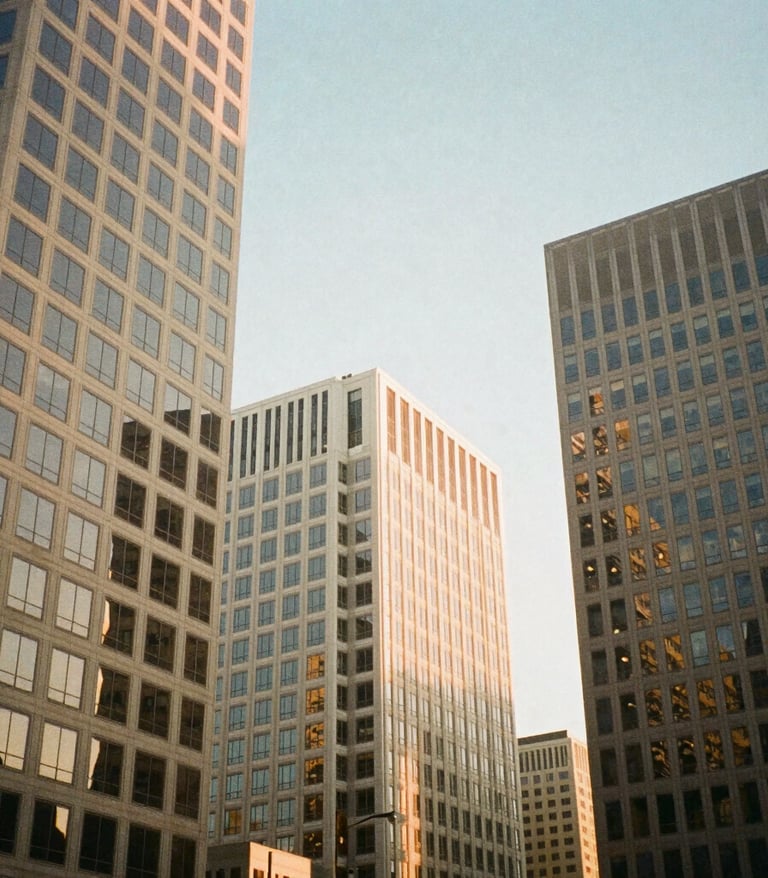 Low angle architectural shot of downtown Houston office towers against a clear sky, warm natural window light reflecting off clean glass grid facades, 35mm photography