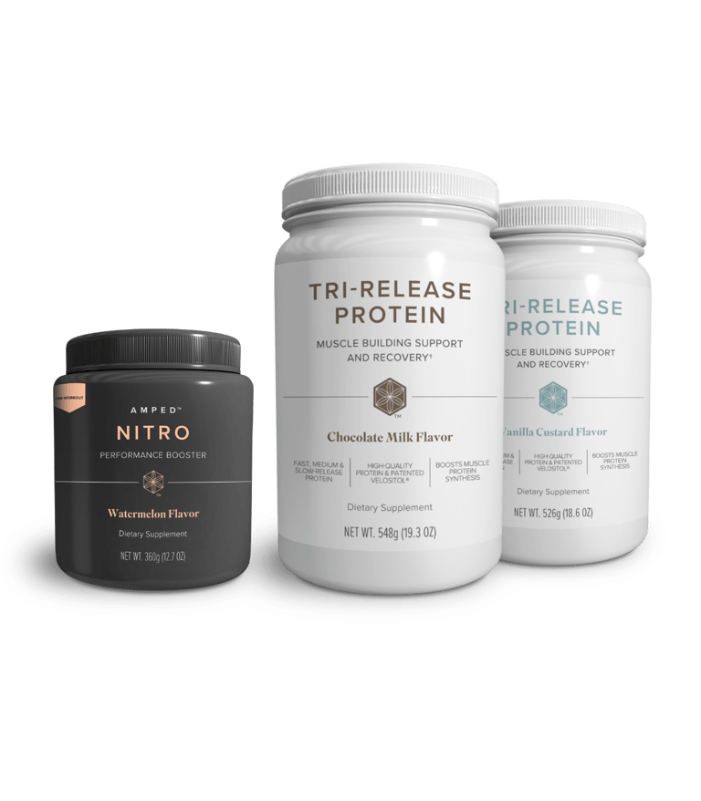a variety of products including a bottle of protein