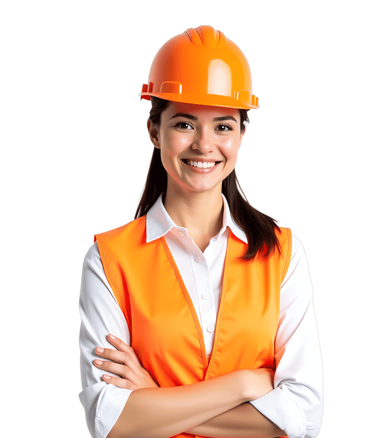 Smiling female construction worker wearing an orange hard hat and safety vest with arms crossed.