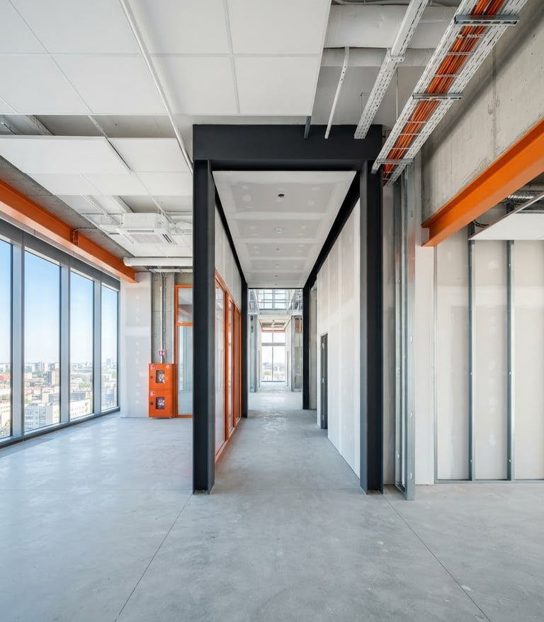 Wide panoramic shot of a modern, clean construction site interior with precise drywall installation, bright natural daylight streaming through large windows, high-contrast anthracite and orange elements, sharp focus, 24mm wide-angle, no people visible.