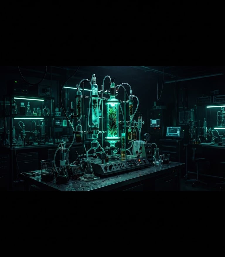 Wide panoramic laboratory setting, high-contrast, moody, low-key lighting with sharp, clinical neon-green accent glows, a vacuum-sealed extraction array with botanical specimens, macro lens, 35mm, dark obsidian background, off-center subject.