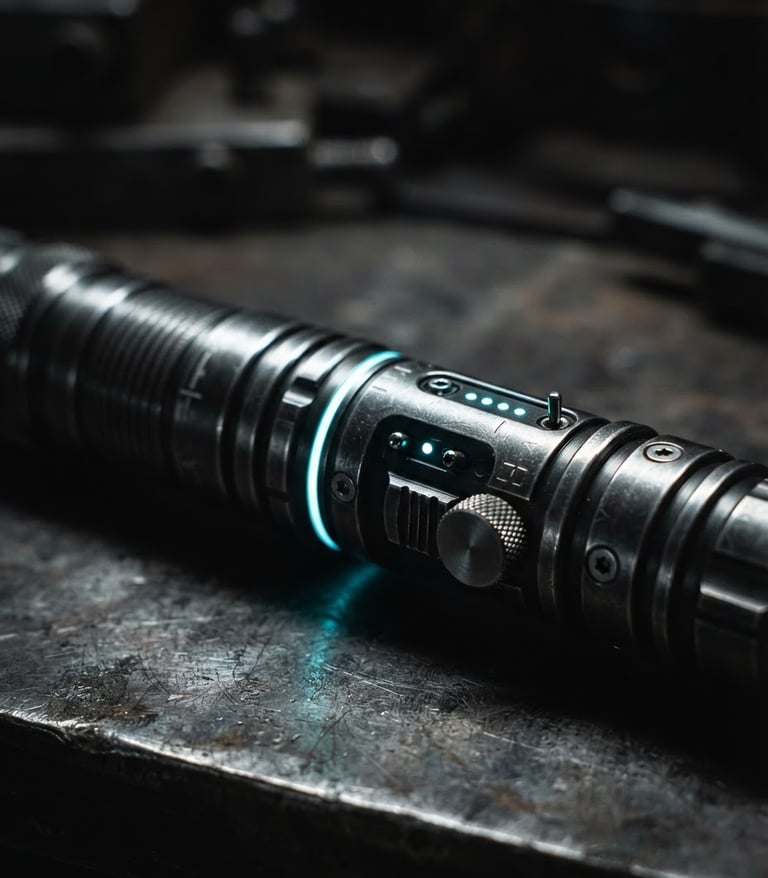 Macro shot of the 528Hz DNA Repair Wand's metallic chassis, high-contrast rim lighting, cold cyan accents, sharp macro details, 50mm lens, dark industrial product photography
